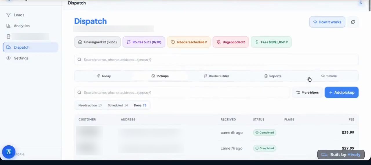 Live client operations dashboard — identifiers blurred