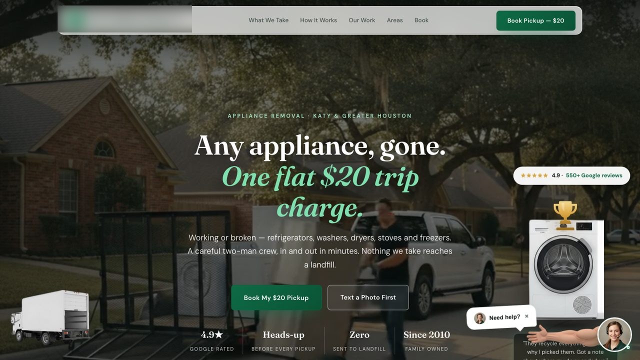 Appliance removal service — website designed by Hively for a client in Houston, TX